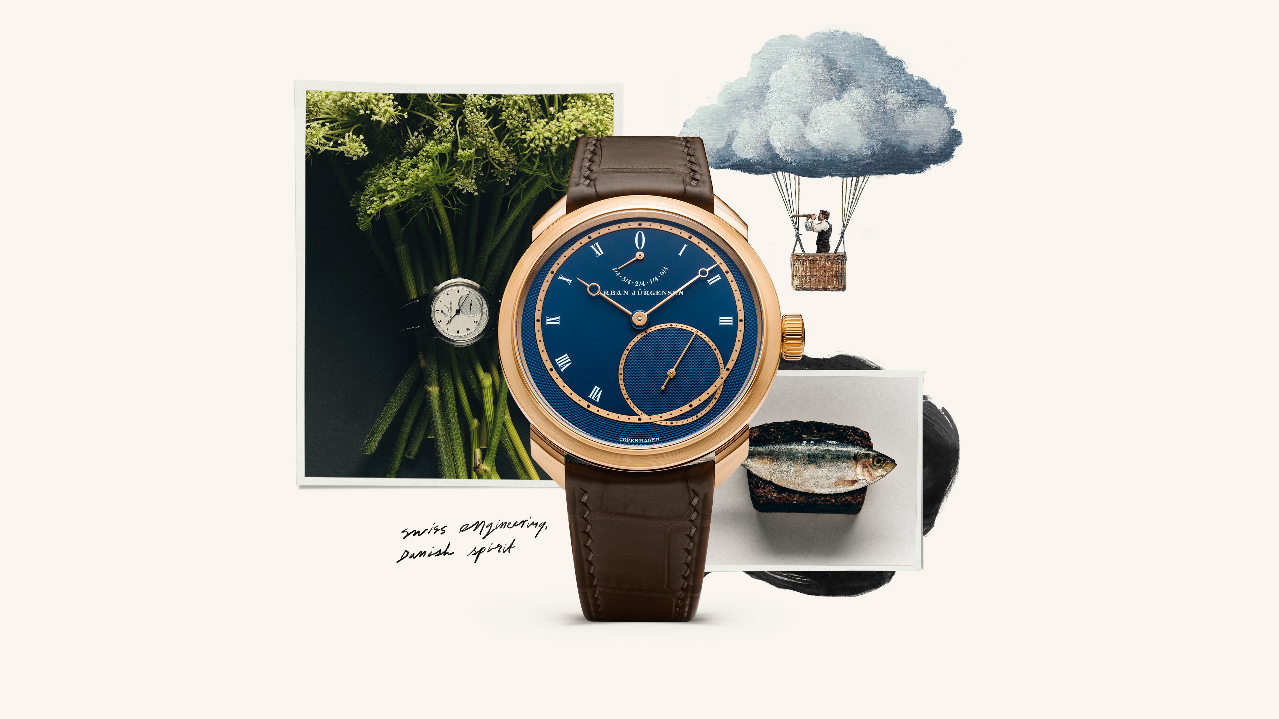 Urban Jürgensen rose gold watch with blue dial and brown leather strap, centered in a whimsical collage featuring vegetables, a watch in greenery, a fish, a hot air balloon, and handwritten text.