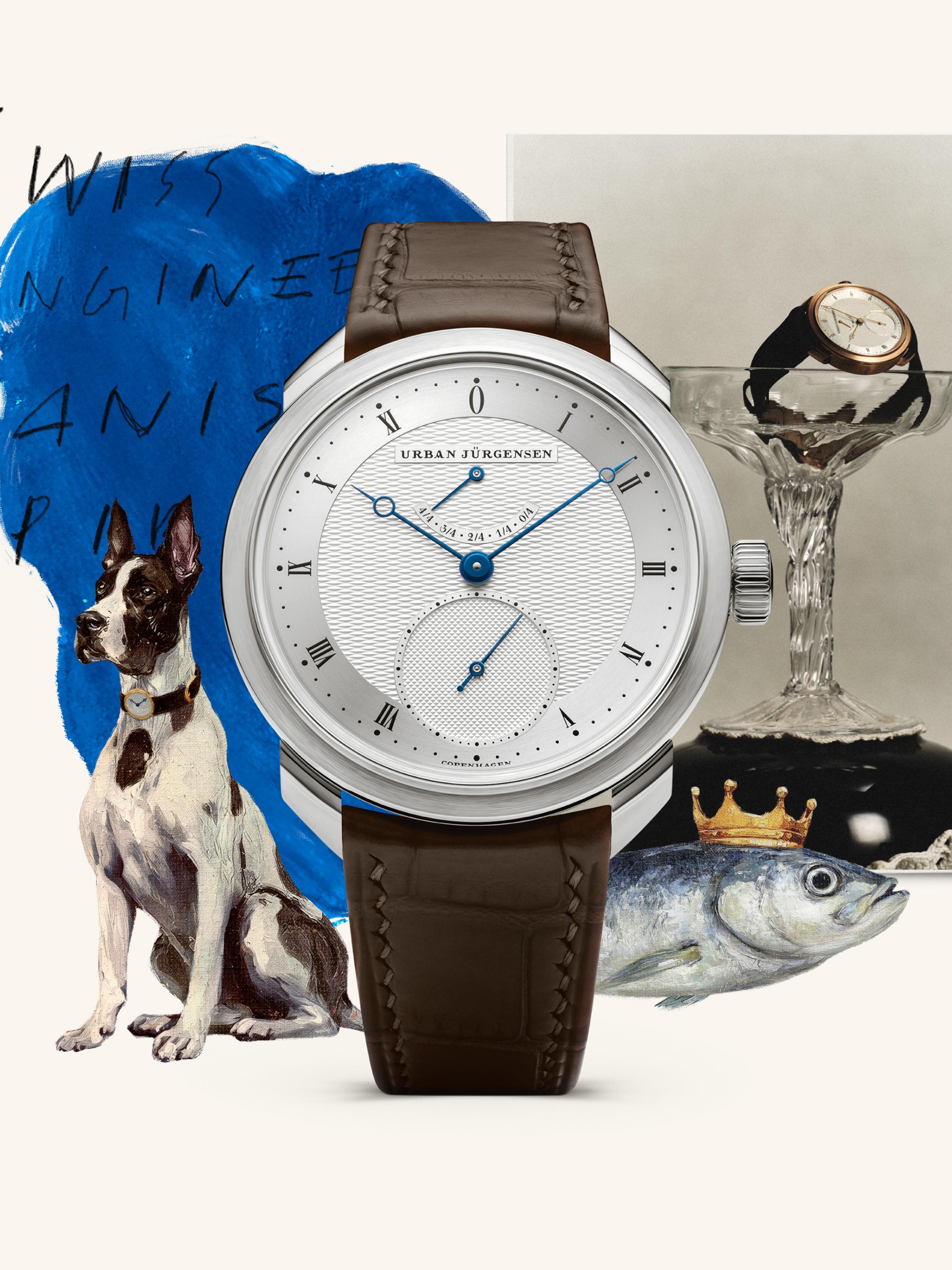Urban Jürgensen wristwatch with silver dial and brown leather strap placed in a surreal collage featuring a dog, a fish with a crown, handwritten text, and a vintage photo of a watch in a glass.