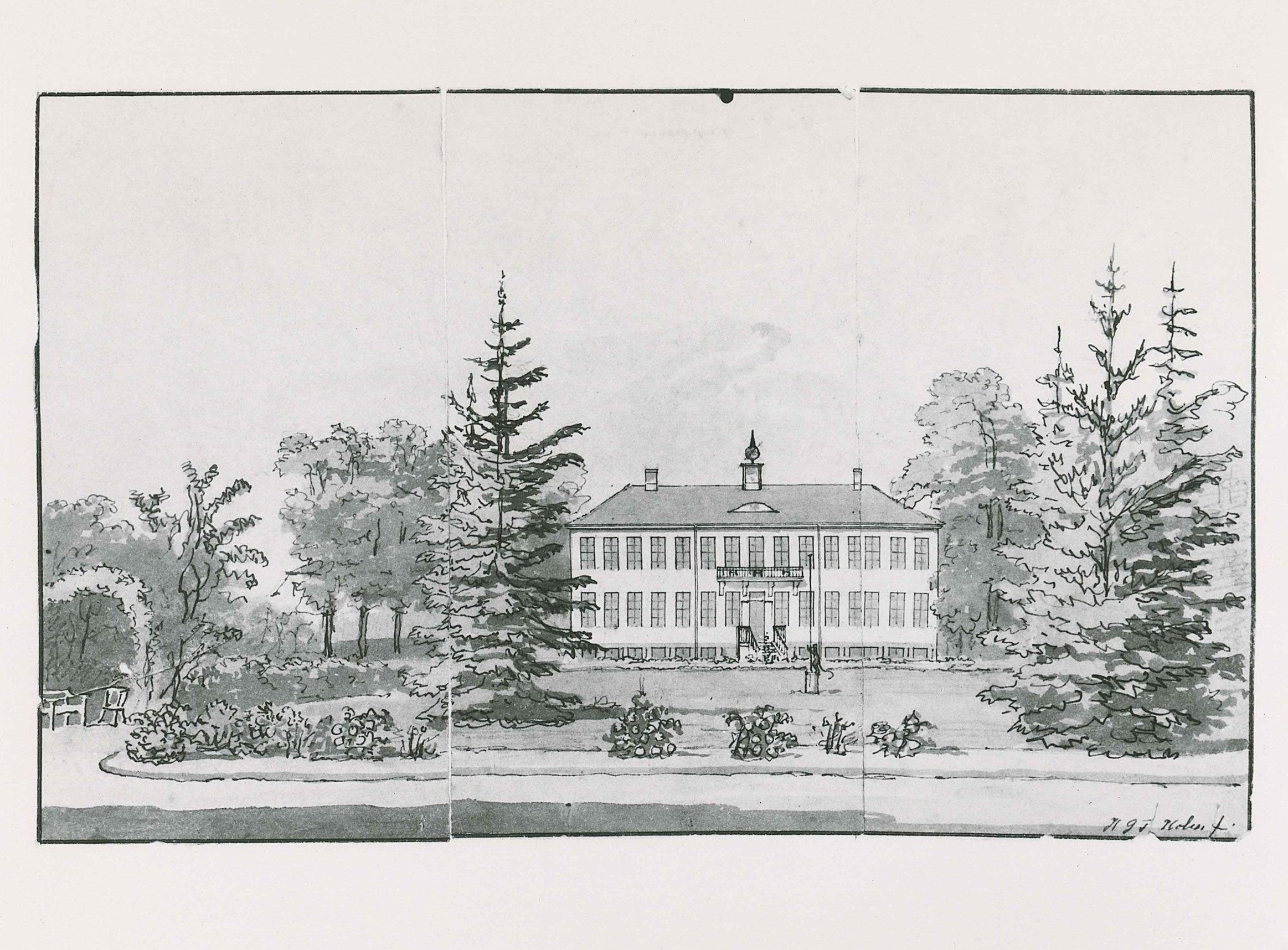 Historic black-and-white illustration of a large manor house surrounded by trees and gardens.