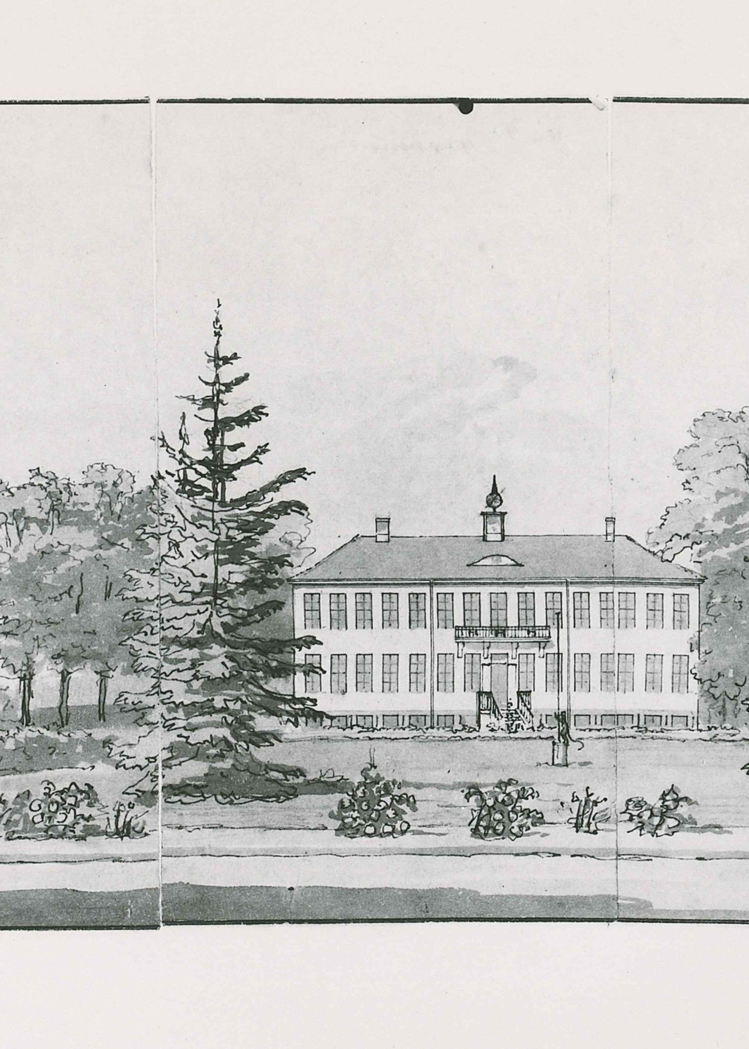 Historic black-and-white illustration of a large manor house surrounded by trees and gardens.